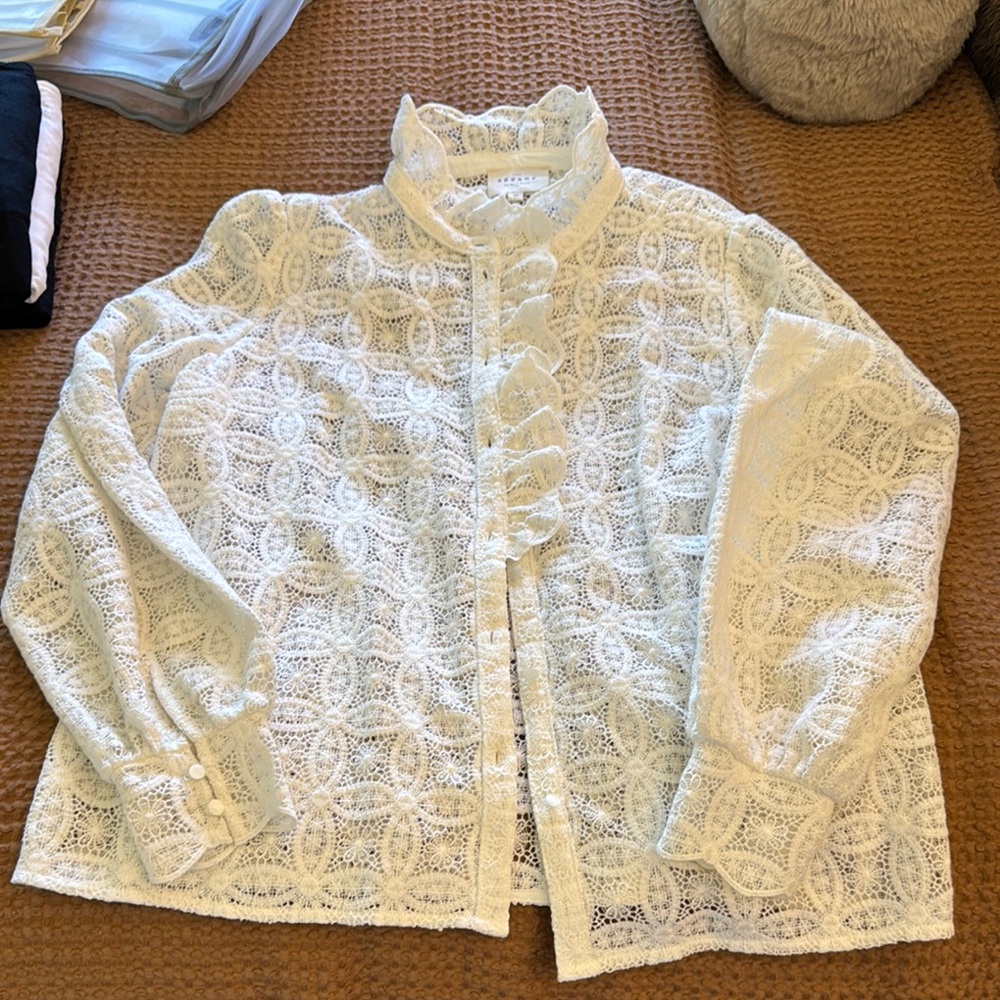 Sezane White Lace Button-Up Blouse-